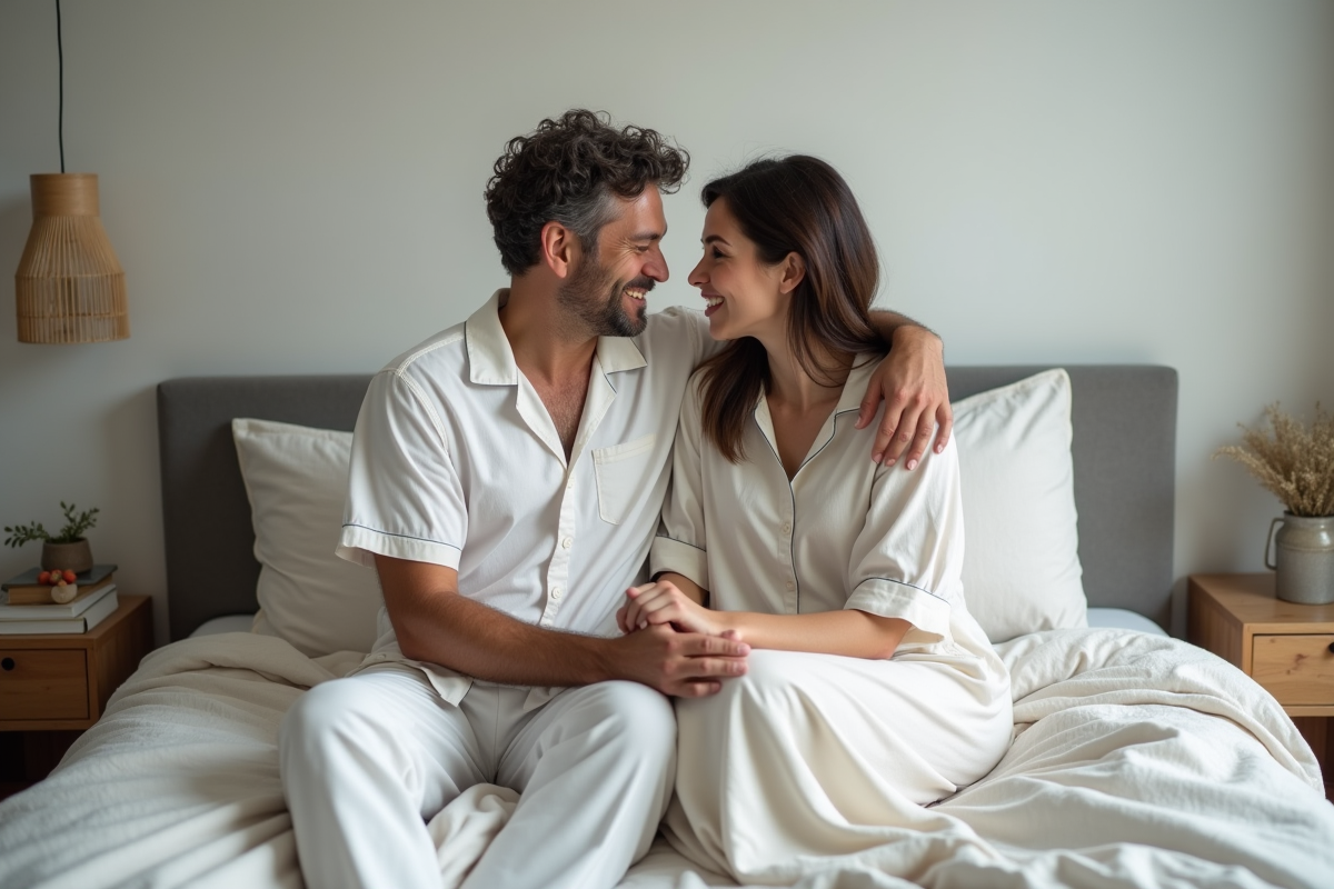 Couple en pyjama partageant un regard dans un lit cosy