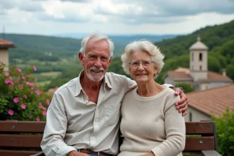 Couple d'anciens assis sur un banc avec vue sur Monlezun