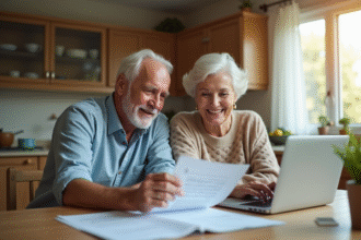 Couple senior souriant à la retraite avec documents et ordinateur