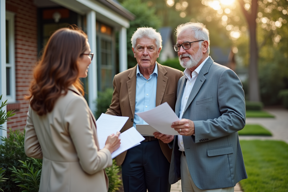 Couple senior examine des papiers devant une maison de banlieue