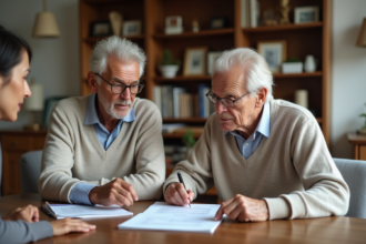 Couple senior français avec conseiller en documents