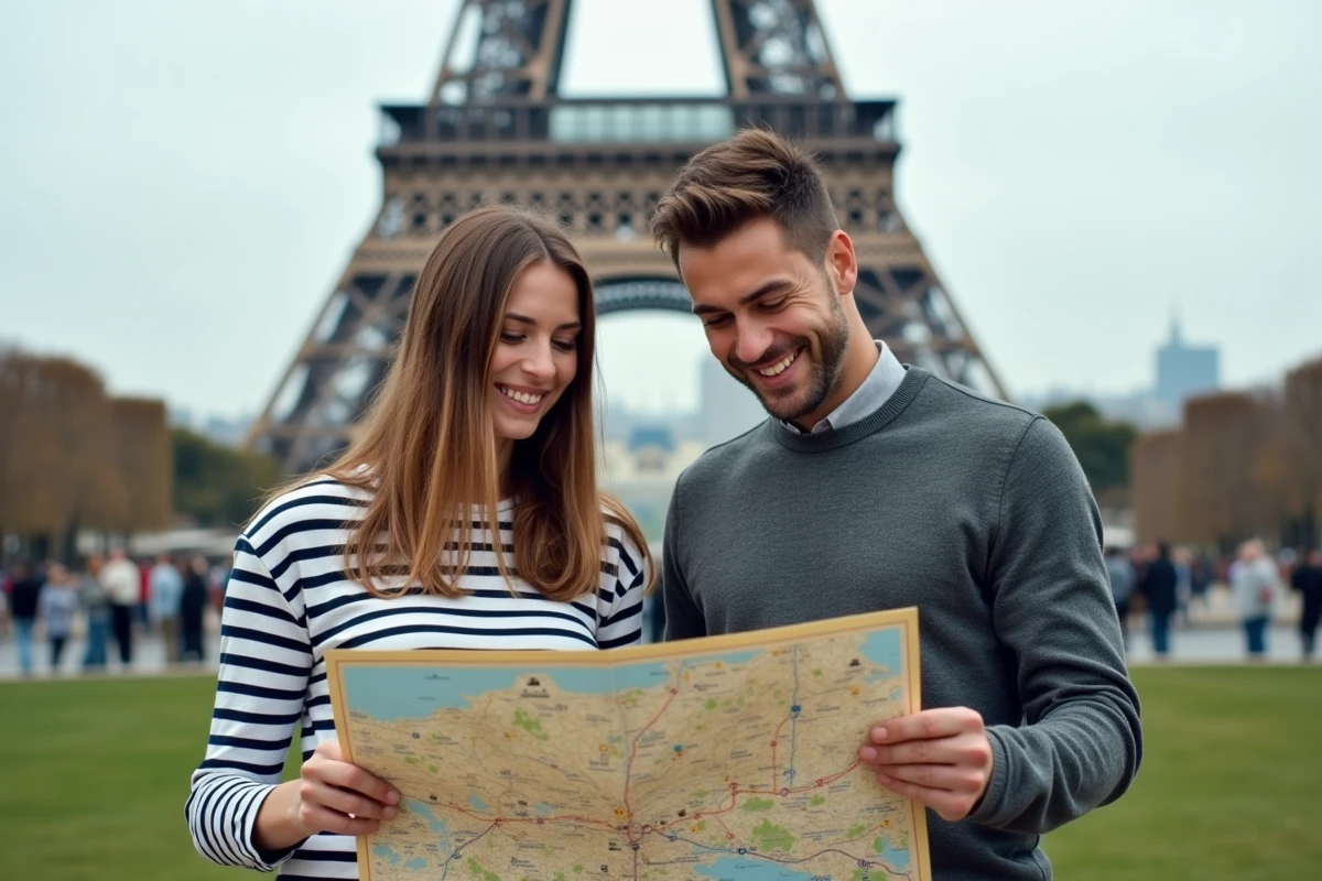 Couple de touristes consultant une carte des arrondissements de Paris au pied de la tour Eiffel