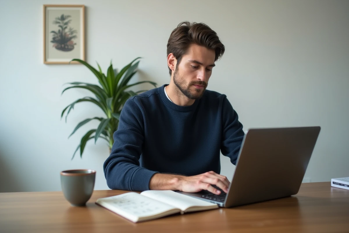 Jeune homme créatif planifiant ses revenus artistiques depuis un bureau à domicile avec un carnet de notes et un ordinateur portable