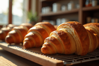 Croissants dorés refroidissant sur un grille en boulangerie