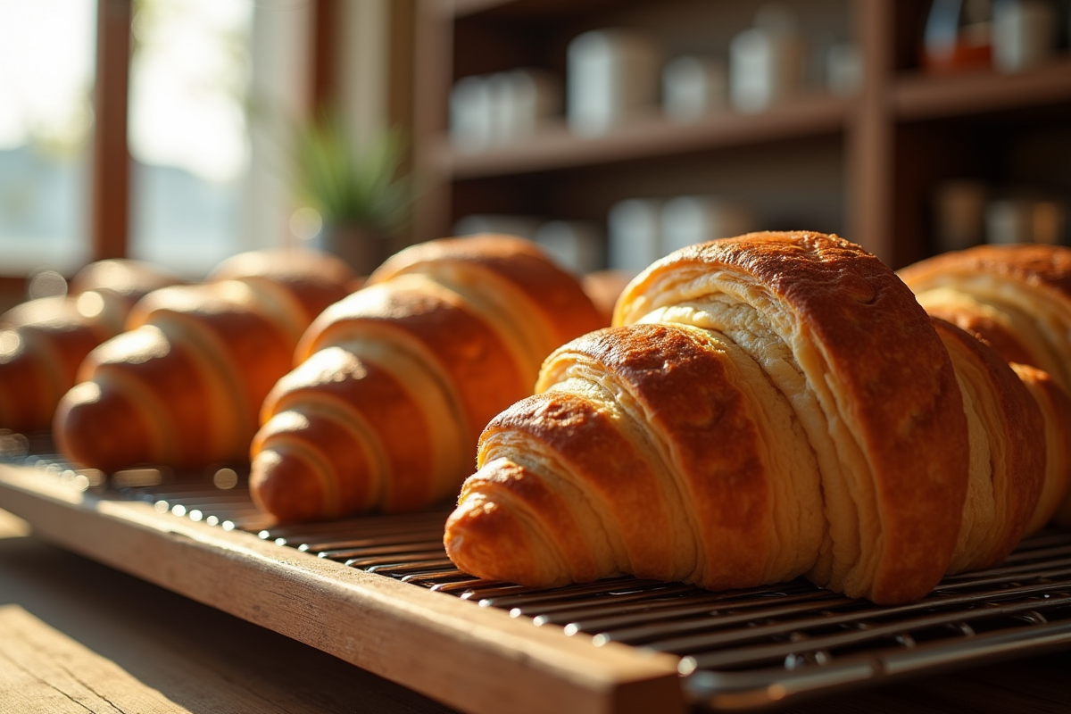 Croissants dorés refroidissant sur un grille en boulangerie
