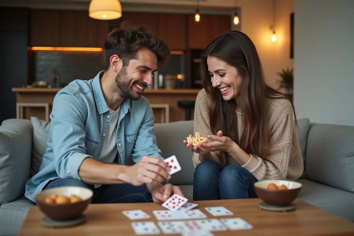 Deux amis jouant aux Palmiers sur un canapé avec cartes et boissons dans un appartement moderne