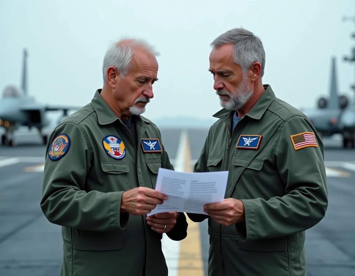 Deux pilotes en combinaison de vol Navy examinant un briefing tactique sur le pont d'un porte-avions militaire