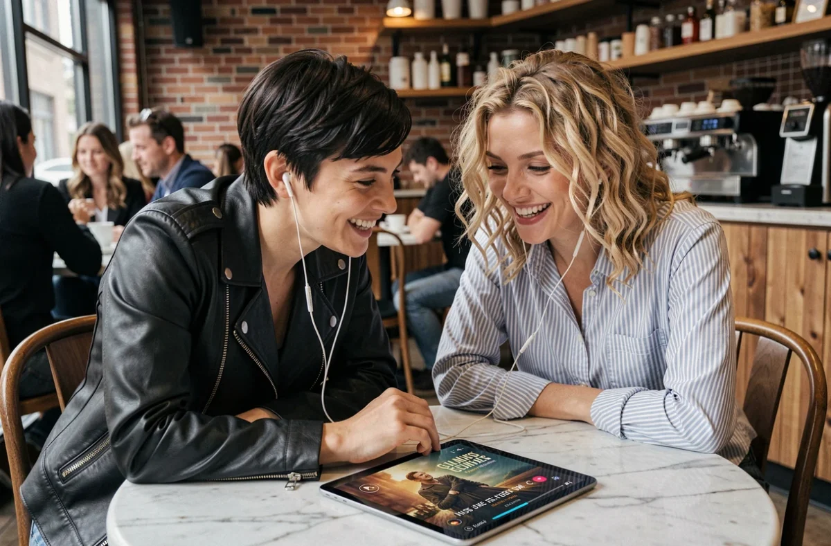 Deux femmes partageant des écouteurs dans un café devant une tablette diffusant une série Netflix, évoquant les voix de chanteuses anglaises