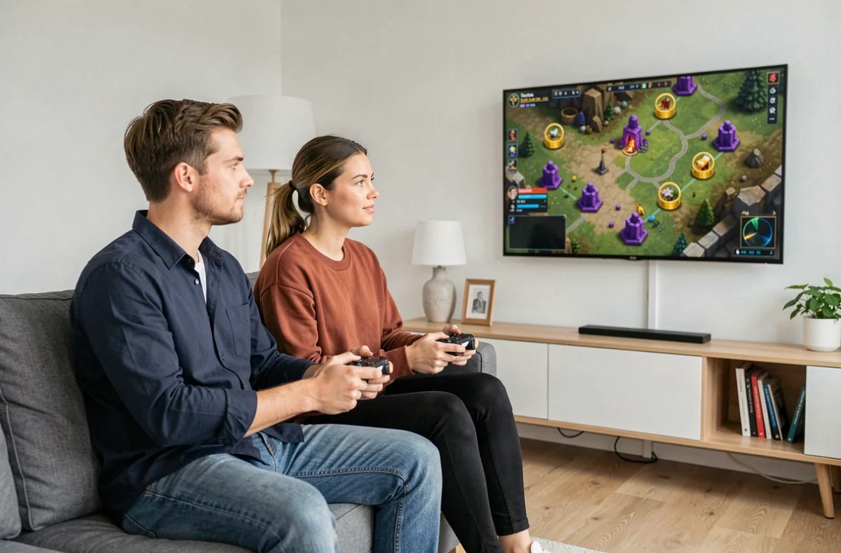 Deux joueurs en co-op sur canapé regardant une carte de quête RPG violette sur grand écran pour optimiser leurs kamas dans Dofus