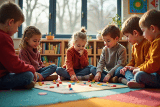 Groupe d'enfants jouant à un jeu de société en classe