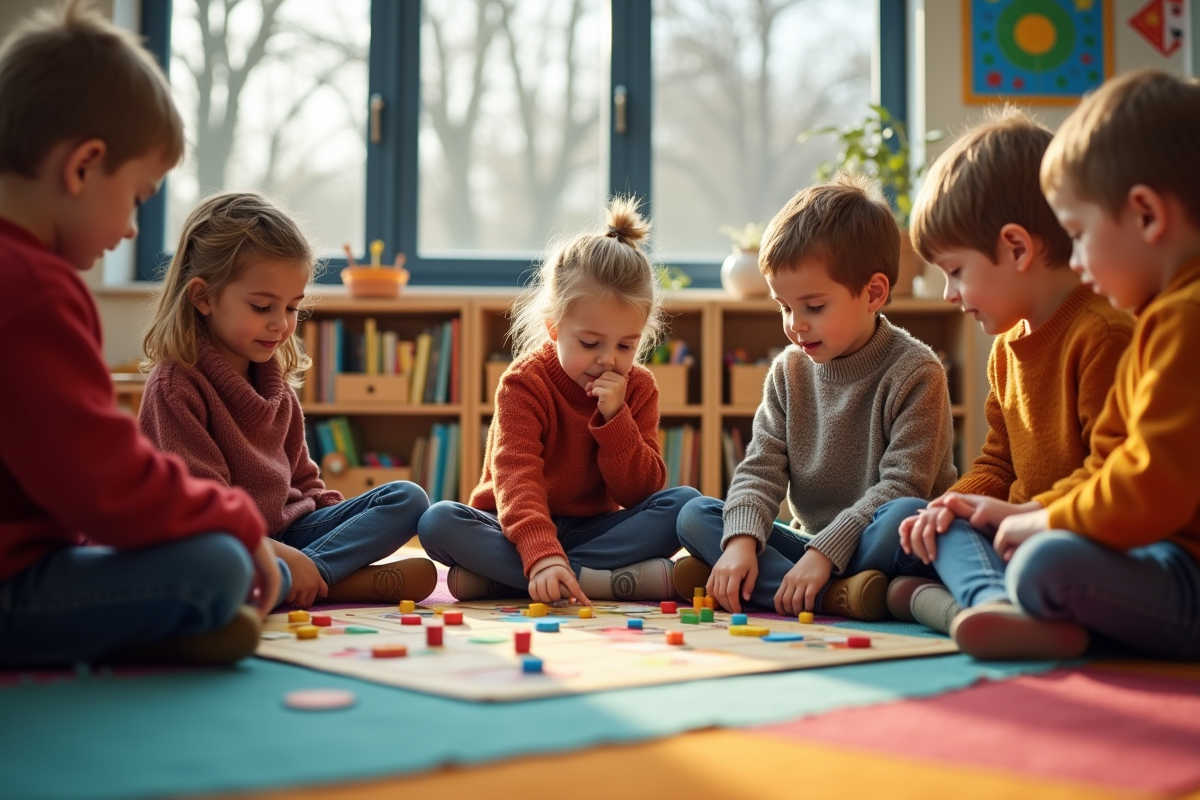 Groupe d'enfants jouant à un jeu de société en classe
