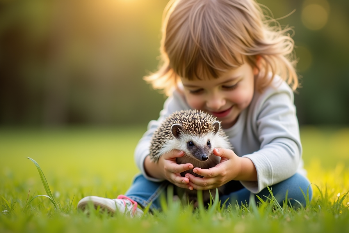 Enfant tenant un hérisson dans un jardin ensoleillé