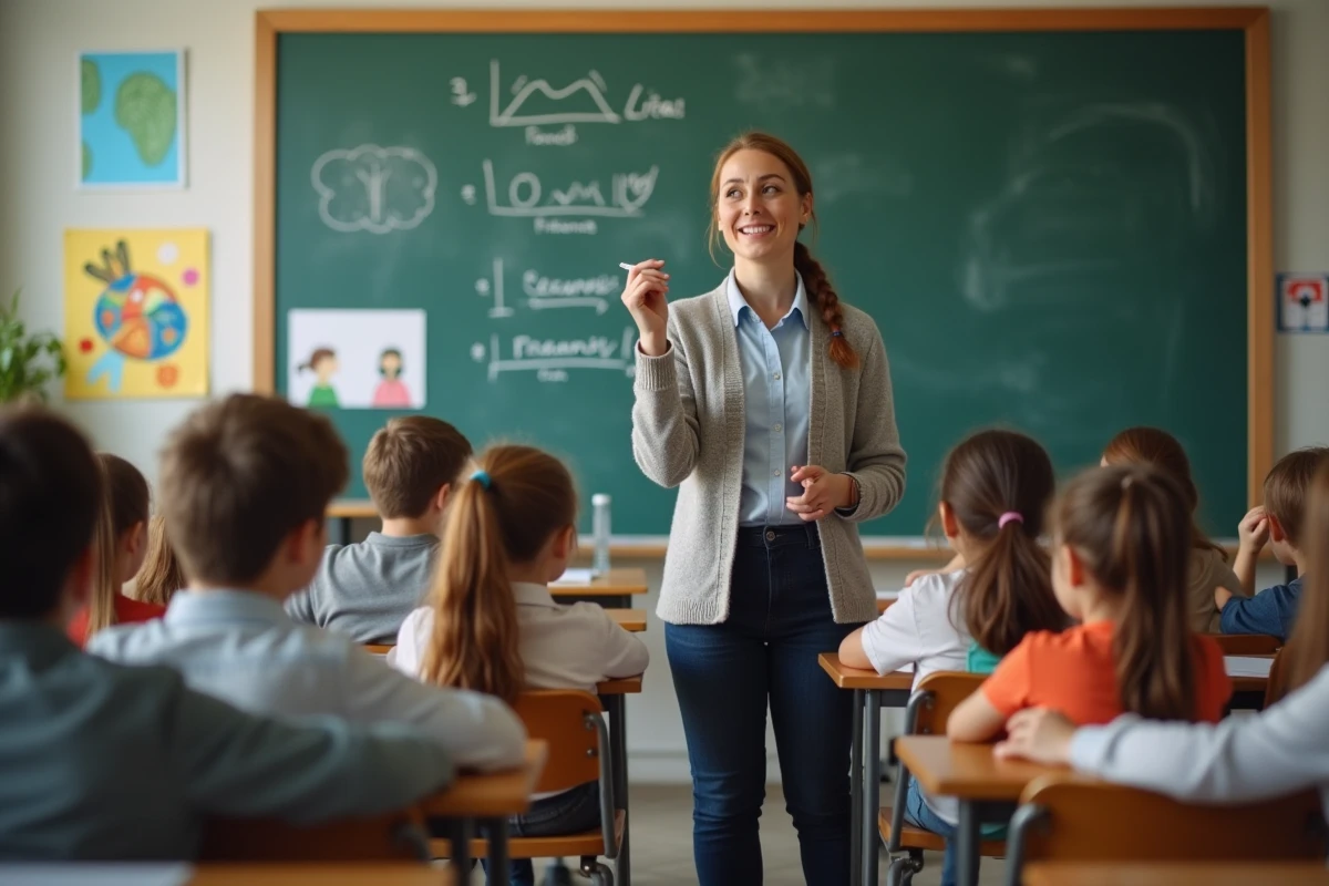 Professeure française écrit des mots Cémantix sur le tableau