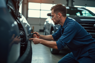 Personne effectuant entretien sur SUV compact en garage lumineux