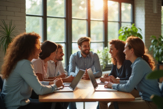 Groupe de collègues divers riant en brainstorming dans un bureau lumineux