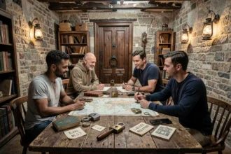 Groupe de joueurs résolvant des énigmes dans un escape game en Moselle, ambiance mystérieuse avec cadenas et cartes anciennes