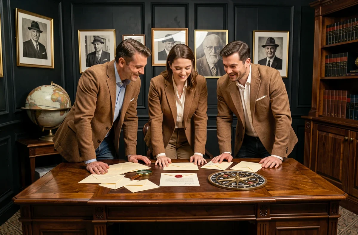 Équipe de joueurs analysant des indices sur un bureau élégant dans l'escape room Escape Hunt à Metz