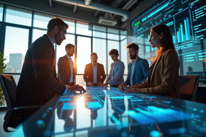 Espace de travail moderne avec professionnels collaborant autour d'une table digitale