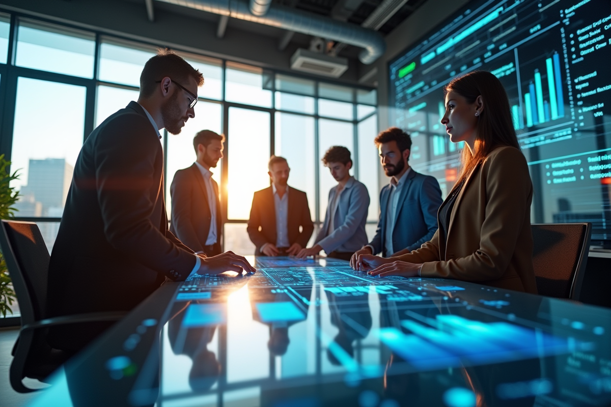 Espace de travail moderne avec professionnels collaborant autour d'une table digitale