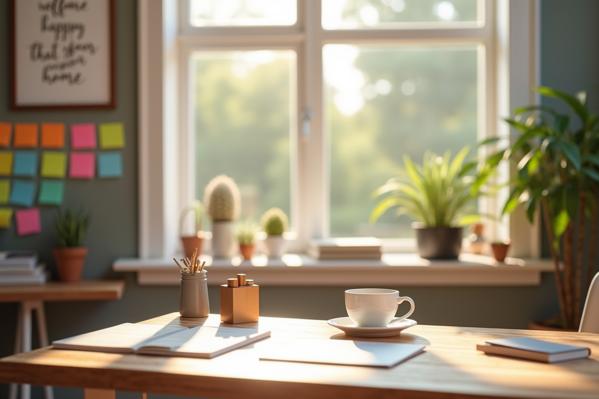 Espace de travail paisible avec bureau organisé et citation motivante