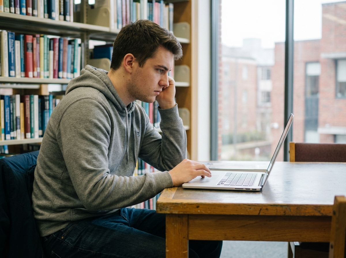 Étudiant en bibliothèque utilisant un ordinateur portable