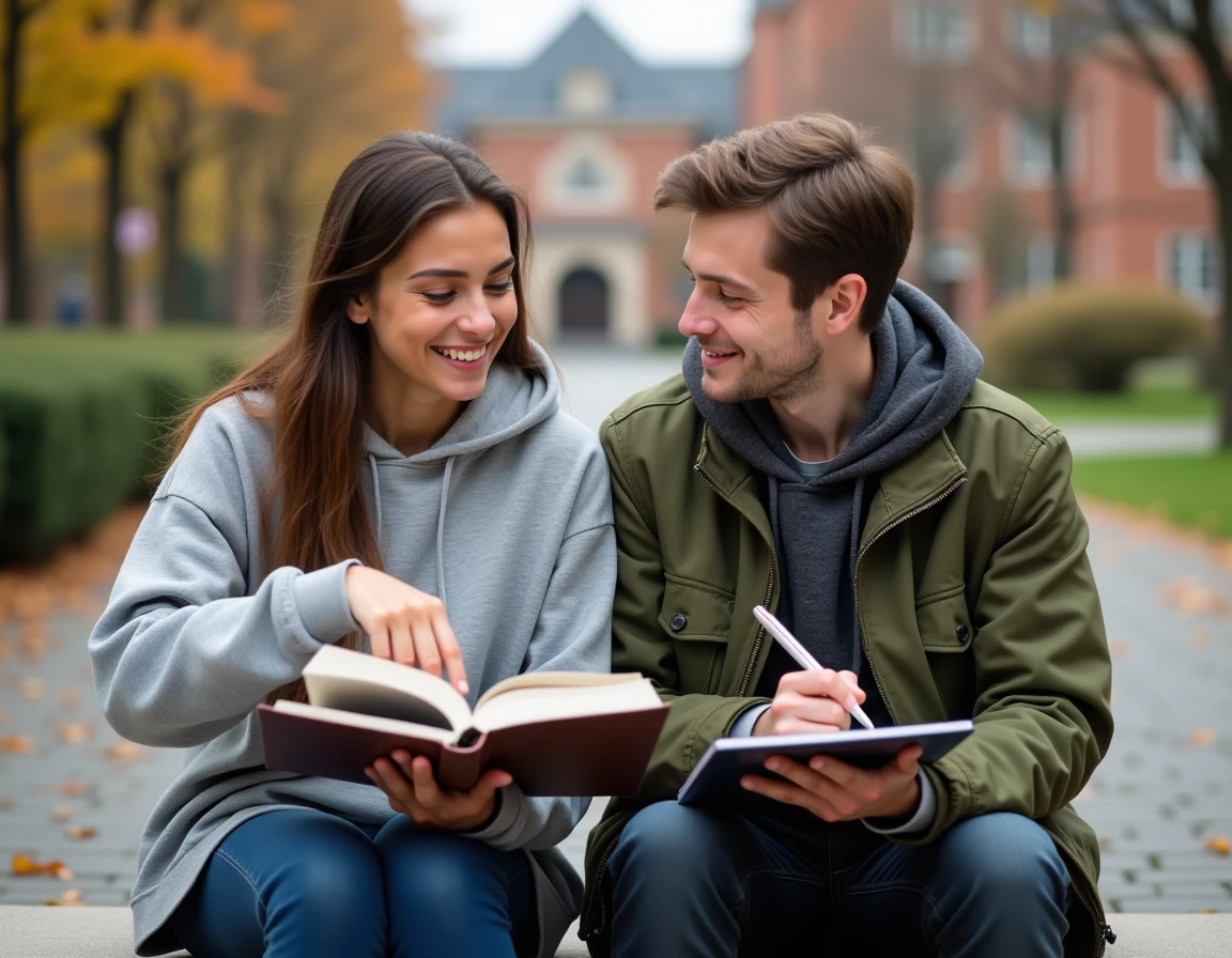 Deux étudiants universitaires révisant ensemble la conjugaison du futur simple en français sur un manuel de grammaire ouvert, assis sur un banc de campus en automne