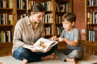Une femme explique le mythe du Minotaure à un enfant à l'aide d'un livre illustré de mythologie grecque dans une bibliothèque chaleureuse
