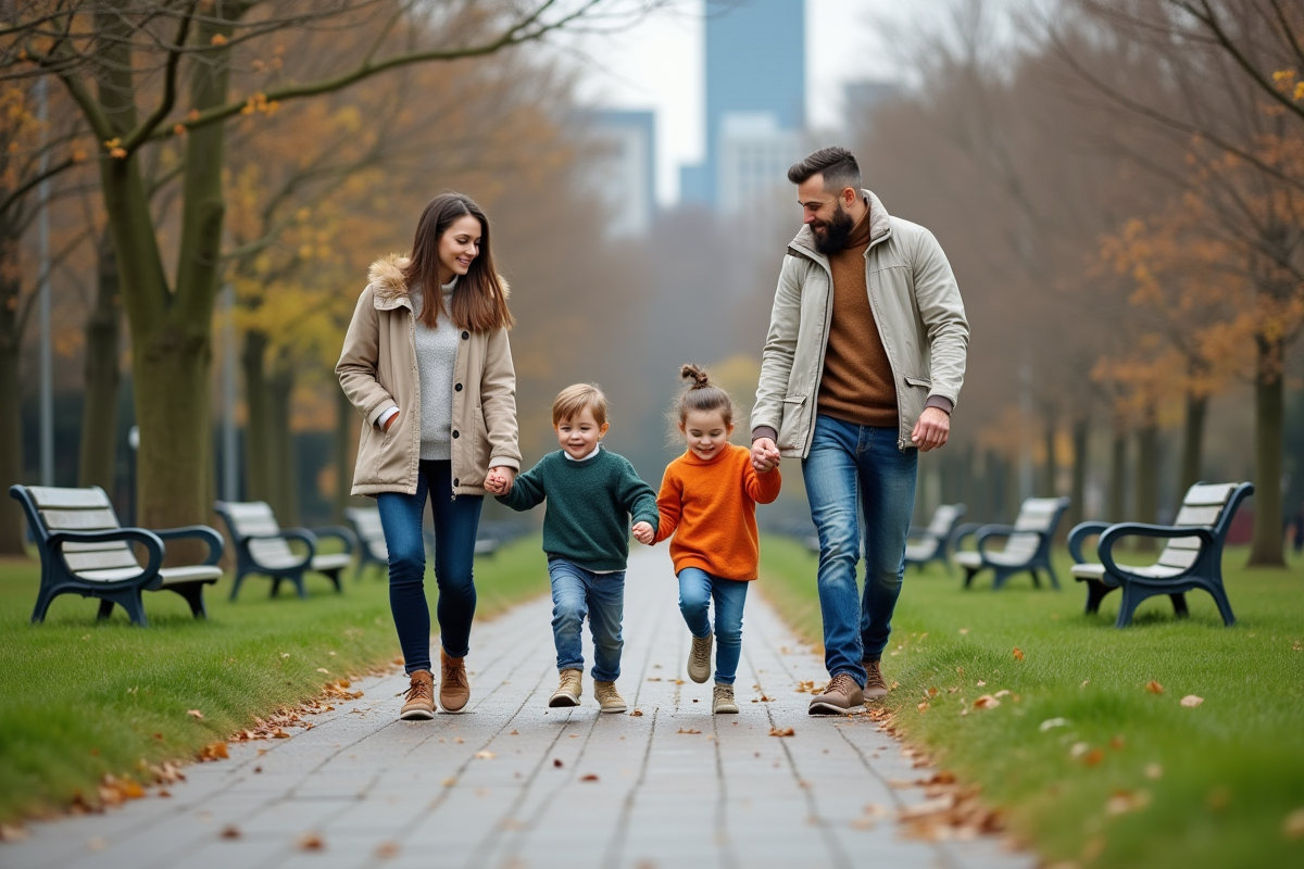 Famille marchant dans un parc urbain en plein air