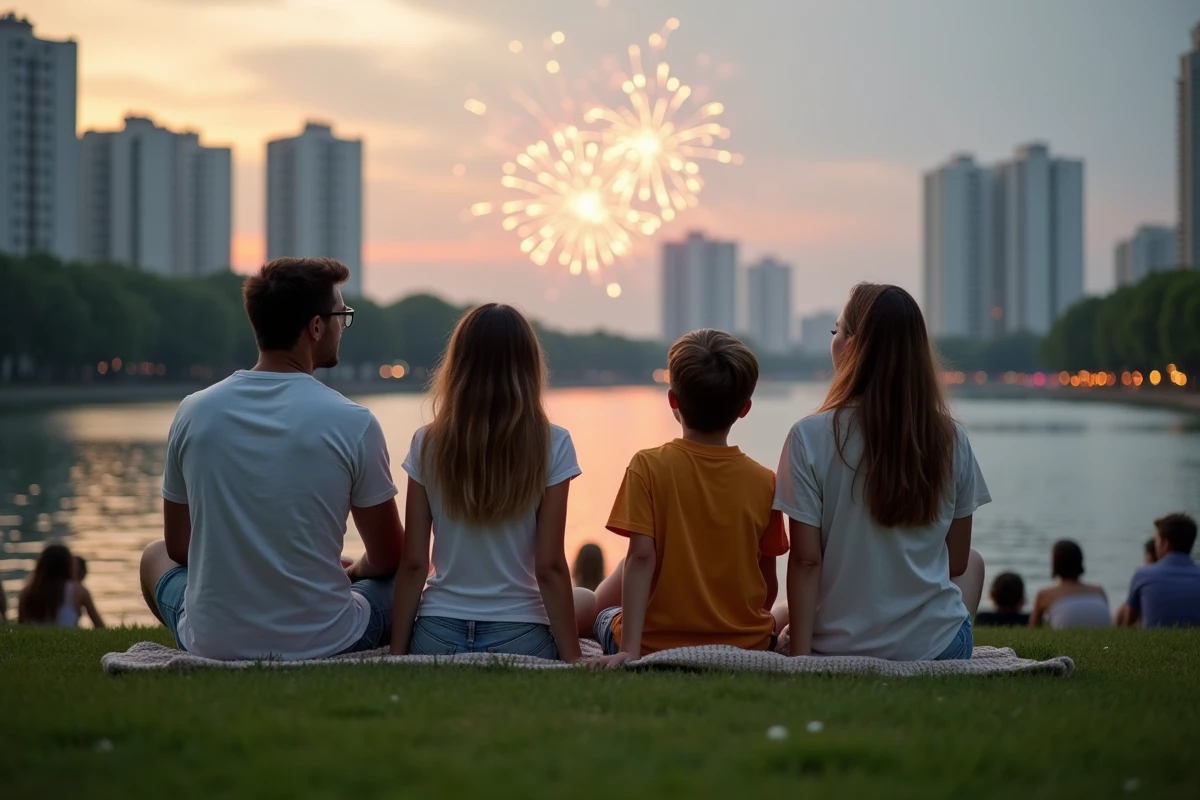 Famille assise sur la pelouse du lac du Héron à Villeneuve d'Ascq regardant le feu d'artifice du 14 juillet