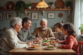 Famille multigenerational partageant un repas chaleureux à la maison