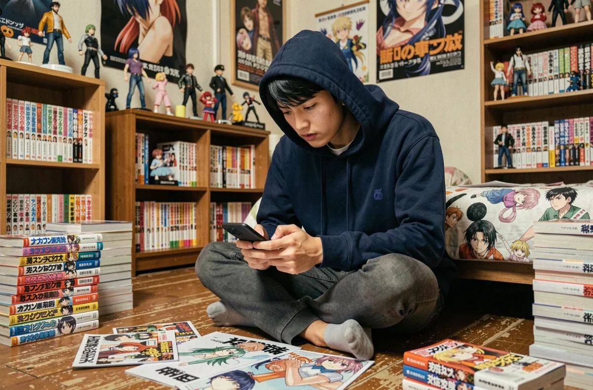 Fan de manga parcourant son téléphone entouré de volumes One Piece en attendant les dernières nouvelles du scan 1148