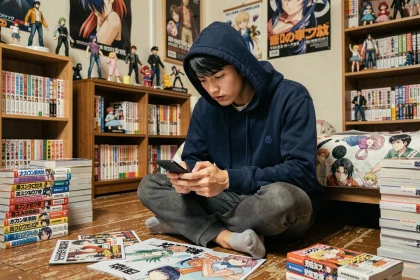 Fan de manga parcourant son téléphone entouré de volumes One Piece en attendant les dernières nouvelles du scan 1148