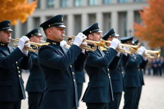 Fanfare militaire en uniformes lors d'une cérémonie officielle en extérieur devant un bâtiment néoclassique