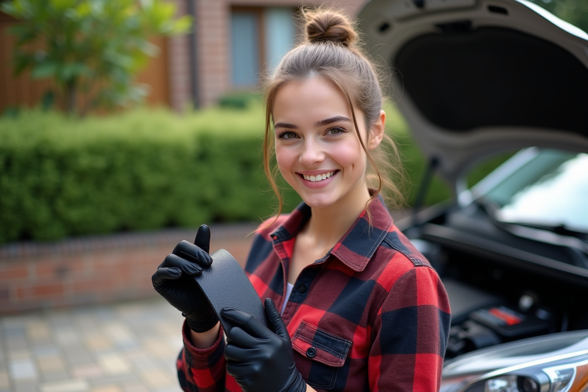 Jeune femme tenant une nouvelle courroie dans le jardin