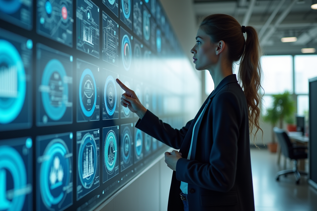Jeune femme examine un mur interactif de données