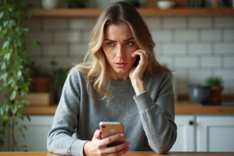 Femme hésitant à répondre à un appel masqué sur son smartphone dans une cuisine moderne