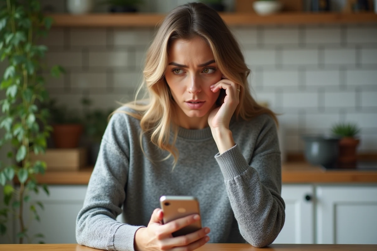 Femme hésitant à répondre à un appel masqué sur son smartphone dans une cuisine moderne