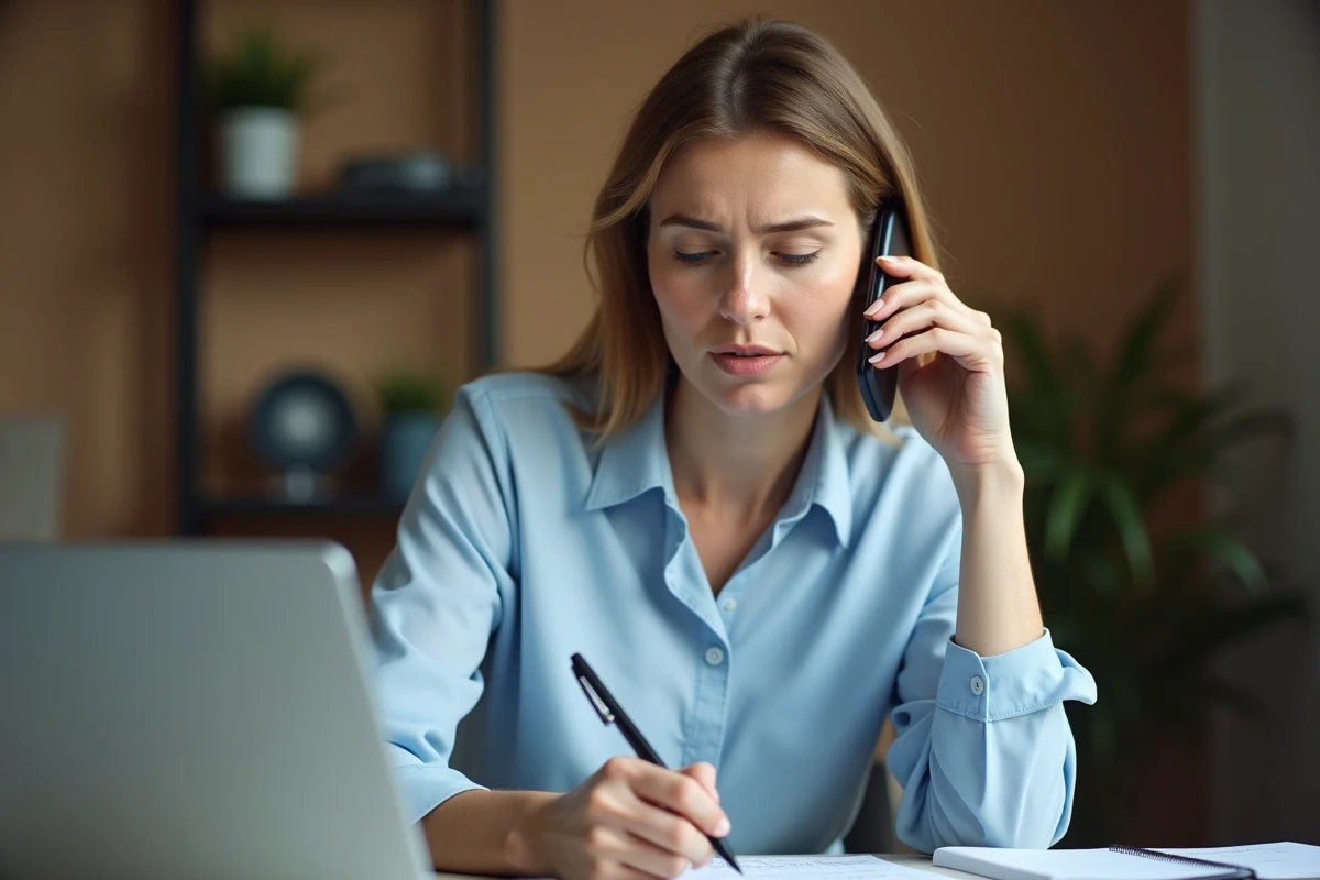 Femme appelant Pôle emploi par téléphone depuis son bureau à domicile pour obtenir un rendez-vous