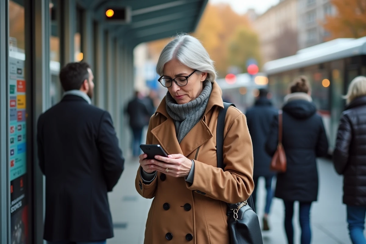 Femme en trench et lunettes vérifiant un horaire de bus à Lyon