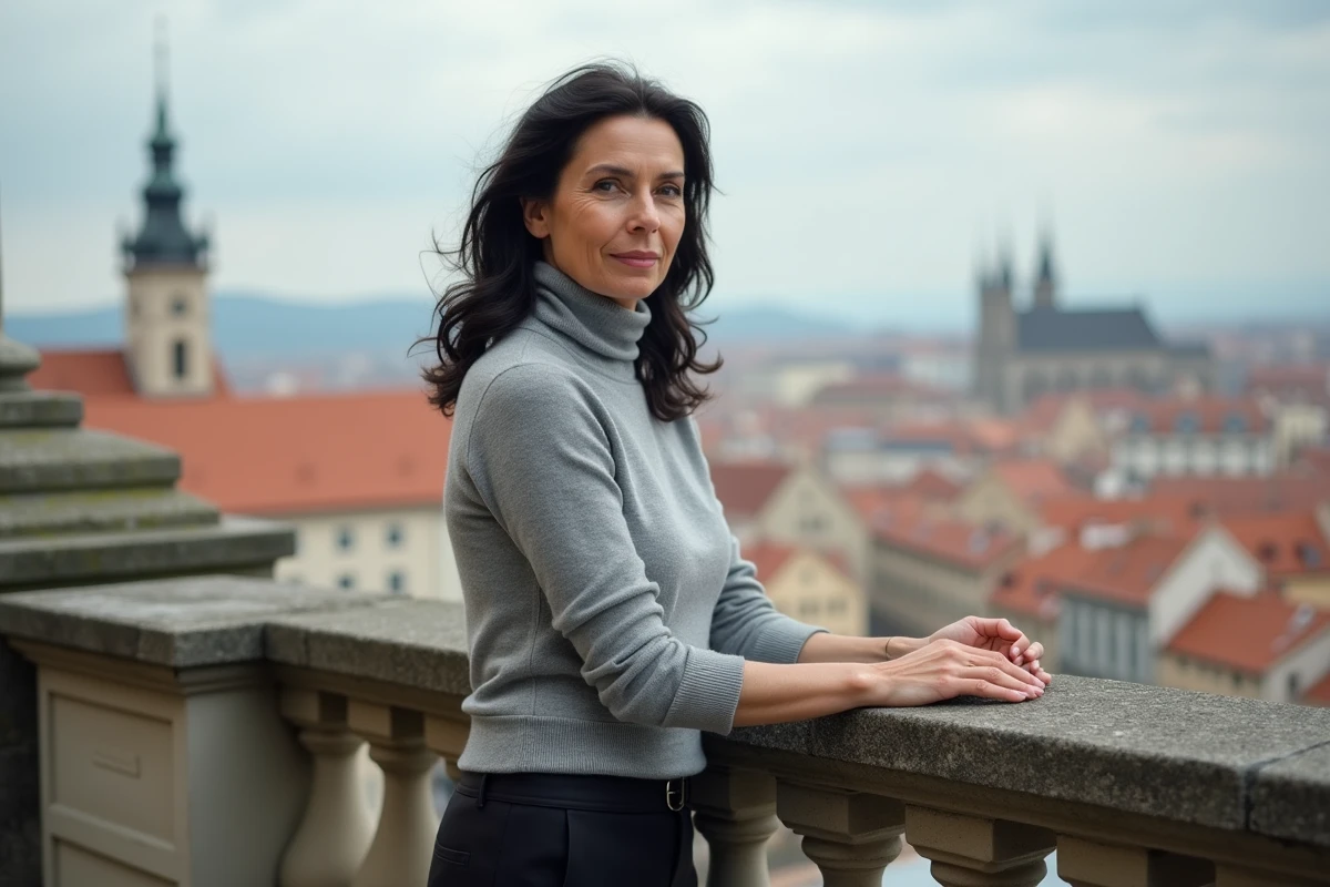 Femme debout sur un balcon en pierre avec vue sur une ville européenne, symbolisant le choix de s'établir à l'étranger loin de la Colombie