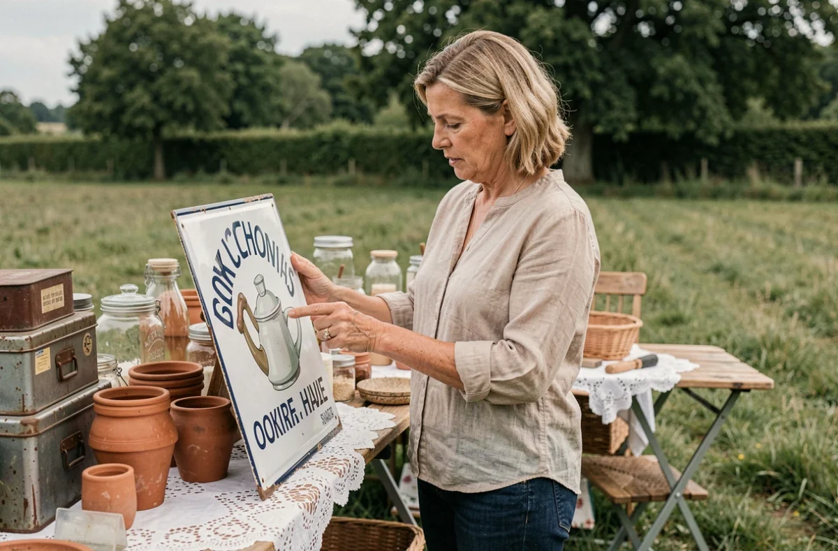 Femme examinant un objet vintage sur un stand de vide grenier en plein air dans l'Orne en 2026