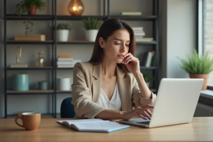 Jeune femme en bureau moderne utilisant une tablette