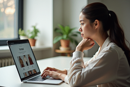 Jeune femme au bureau regardant son ordinateur portable Vinted
