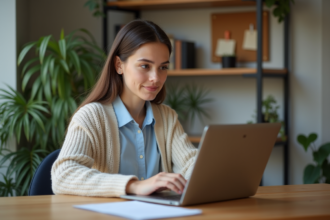 Jeune femme au bureau en train de naviguer sur un ordinateur