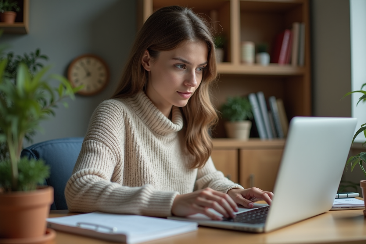 Femme concentrée travaillant sur son ordinateur dans un bureau organisé