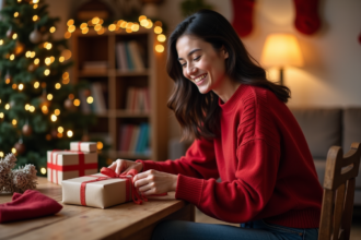 Jeune femme souriante emballant un cadeau de noel dans un salon chaleureux