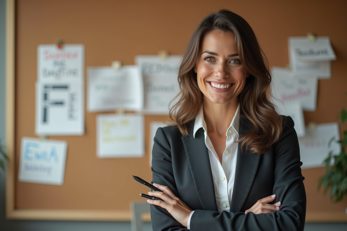 Femme confiante devant un tableau de projets professionnels