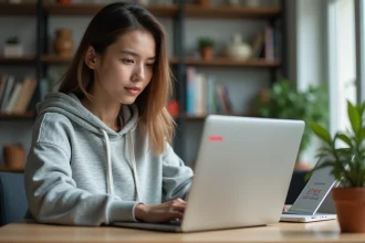 Jeune femme consultant des codes promo sur un ordinateur portable dans un bureau moderne, écran affichant un champ de saisie avec date d'expiration