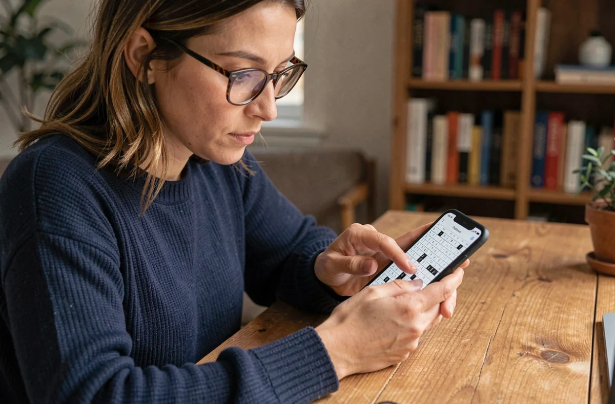Femme jouant au jeu Codycross sur smartphone et cherchant le mot du jour