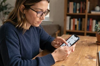 Femme jouant au jeu Codycross sur smartphone et cherchant le mot du jour